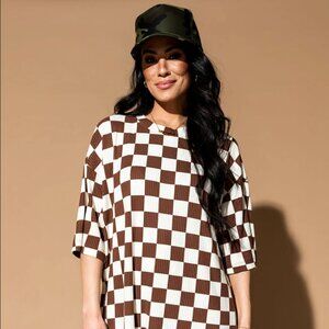 Lex Ribbed Checkerboard Playsuit in Cookie Dough Size Large - SHIRT ONLY